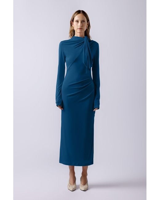Lendrop Studios Blue Yuna Tie Neck Midi Dress
