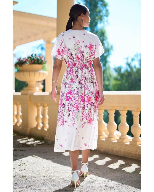 Yumi' Pink Mirror Floral Print Ruched Waist Kimono Midi Dress