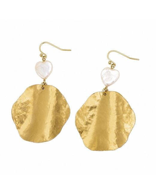 Rare Matters Jewelry Metallic Hammered Brass Disc & Freshwater Pearl Heart Statement Earrings