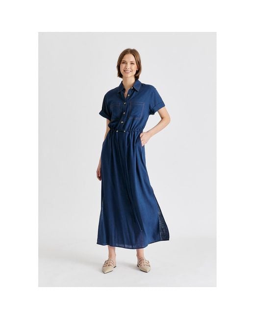 Paisie Blue Linen Blend Shirt Dress With Stitch Details