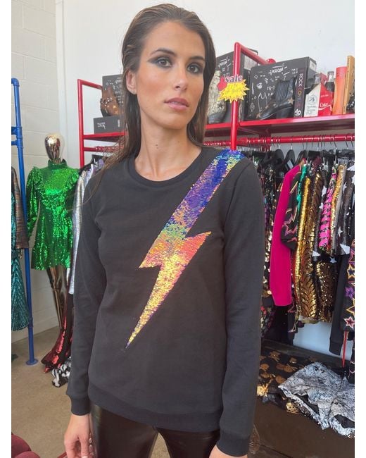 Any Old Iron Black Iridescent Oil Slick Reversible Sequin Lightning Sweatshirt