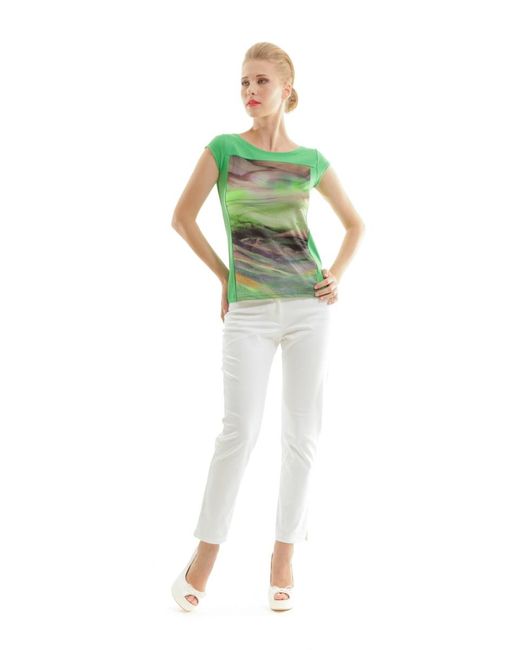 Conquista Green Swirly Print Boat Neck Top