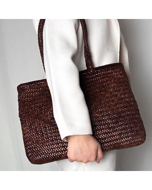 godi. Brown The Buna Handwoven Leather Tote Bag