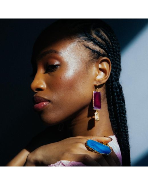 YAA YAA LONDON Pink Hold The Baby Fuchsia Agate Statement Earrings