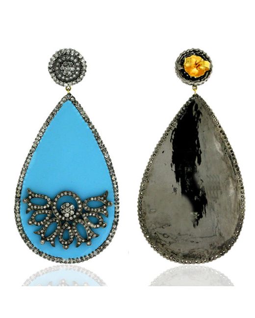 Artisan Blue 18k Gold & Sterling Silver With Pave Diamond Enamel Drop Shape Dangle Earrings