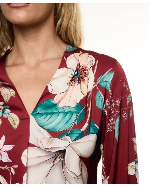 Carloslines Red V-Neck Pleat Detail Balloon Long Sleeve Blouse
