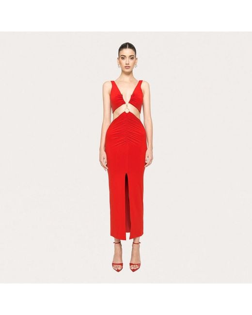 Nissa Red Cut-Out Jersey Midi Dress
