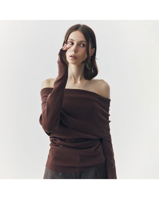 Ats the Label Brown Sia Off Shoulder Knit Top