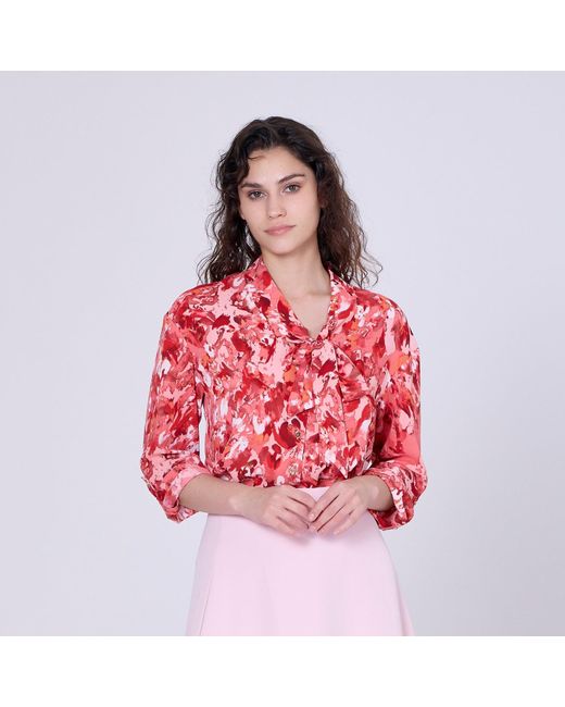 Smart and Joy Red Ascot-Tie Blouse And Abstract Print