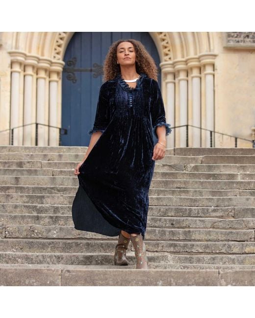 At Last Blue Silk Velvet Annabel Maxi Dress