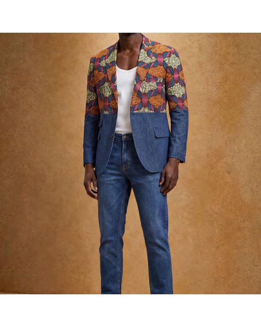 Ohema Ohene Blue Denim & African Print Cotton Blazer – Split Panel for men