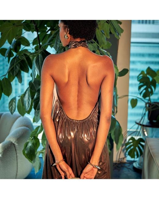 NALÈ Brown Bronze Metallic Wide Leg Halter Jumpsuit