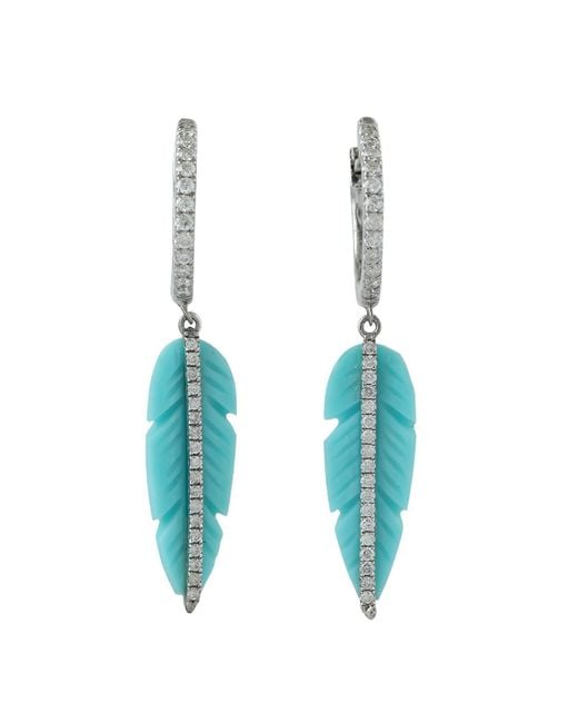Artisan Blue 18k White Gold Carving Turquoise Natural Diamond Leaf Dangle Earrings Jewelry