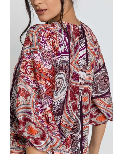 Conquista Red Print Top With Bishop Sleeves