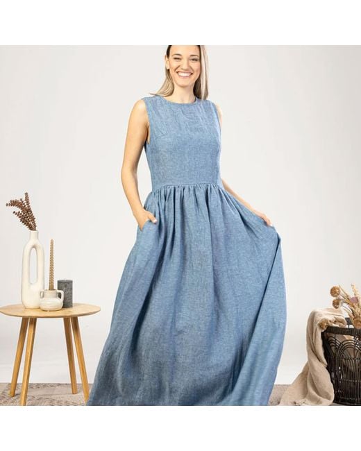 Nikka Place Blue Linen Floor-Length Sleeveless Maternity Dress With Pockets