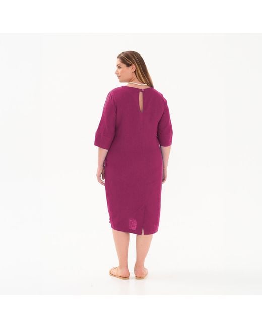 Haris Cotton Pink Keyhole Neckline Curve Midi Linen Dress With Three Quarters Sleeves Pomegranate