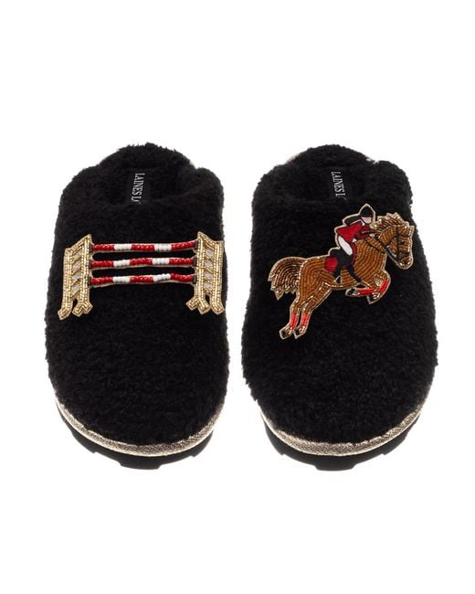 Laines London Black Teddy Closed Toe Slippers With Show Jump Horse Brooches