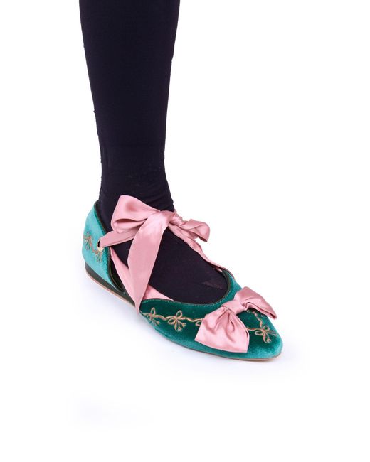 Natalia Petruch Clotilde Velvet Embroidered Flats With Silk Bow & Straps