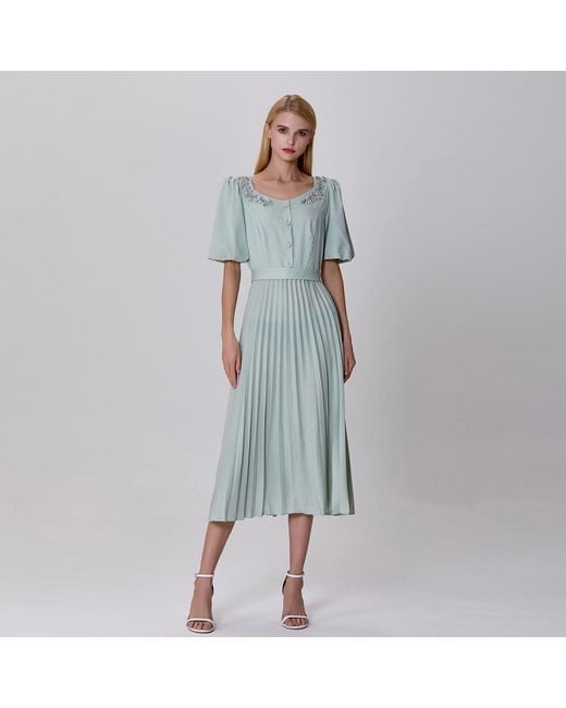 Smart and Joy Green Neutrals Pleats And Embroideries Blouse-Dress