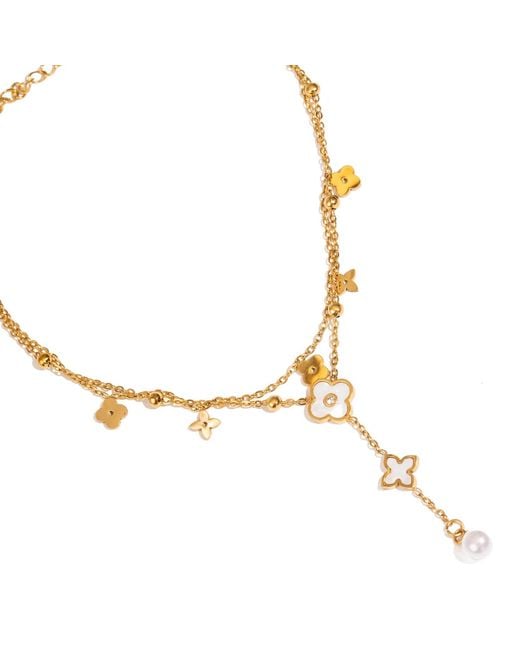 Ebru Jewelry Metallic Floral Pearl Charm Anklet