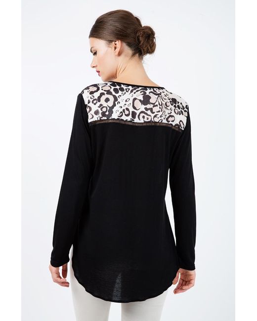 Conquista Black Long Sleeve Print Top With Trim Detail