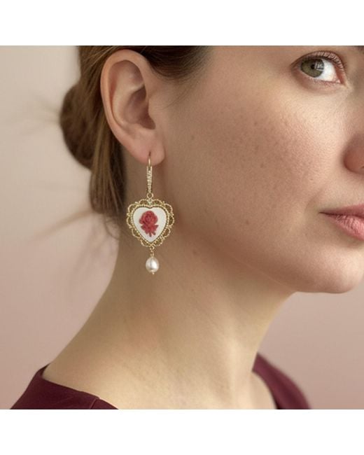 Vintouch Italy Metallic Blossom Heart Cameo Earrings With Pearls