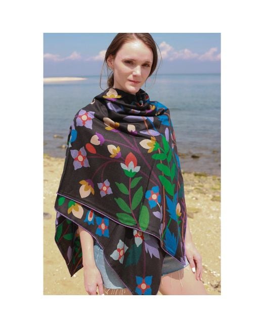 Jessie Zhao New York Black Double Sided Wool Silk Shawl Of Night Garden