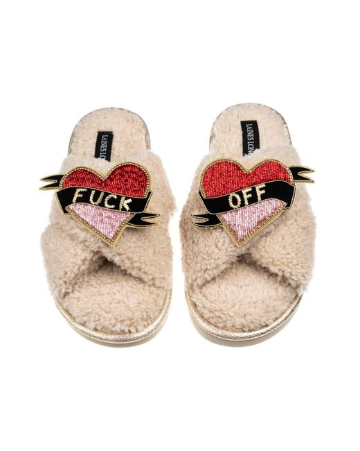 Laines London Brown Neutrals Laines Neutral Boucle Slippers With Fuck Off Brooches
