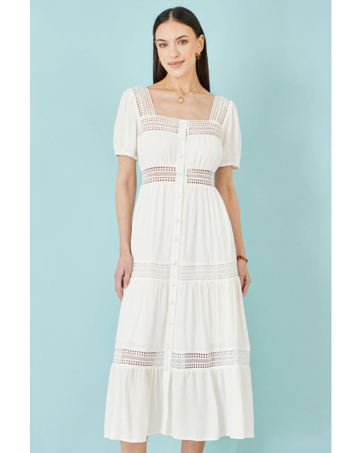 Yumi' White Cotton Square Neckline Lace Midi Dress