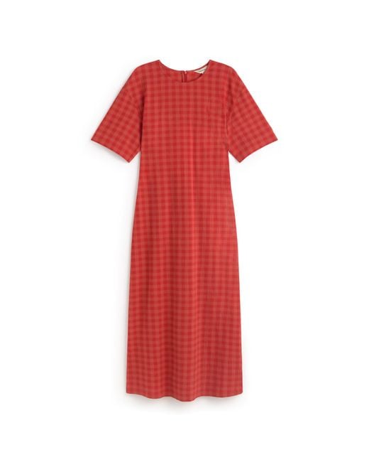 Thinking Mu Red Seersucker Long Dress With Back Opening Kina
