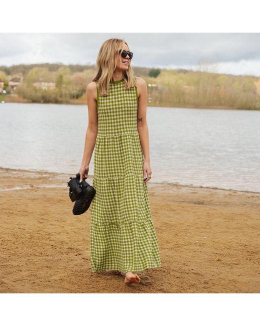 Cara & The Sky Green Paula Gingham Summer Cotton Knitted Midi Dress