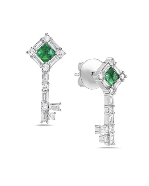 Artisan Green 18k White Gold With Baguette Shape Diamond & Emerald Key Design Dangle Earrings
