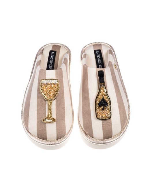 Laines London Multicolor Neutrals Flatform Stripe Closed Toe Slippers With Ace Of Champagne Brooches