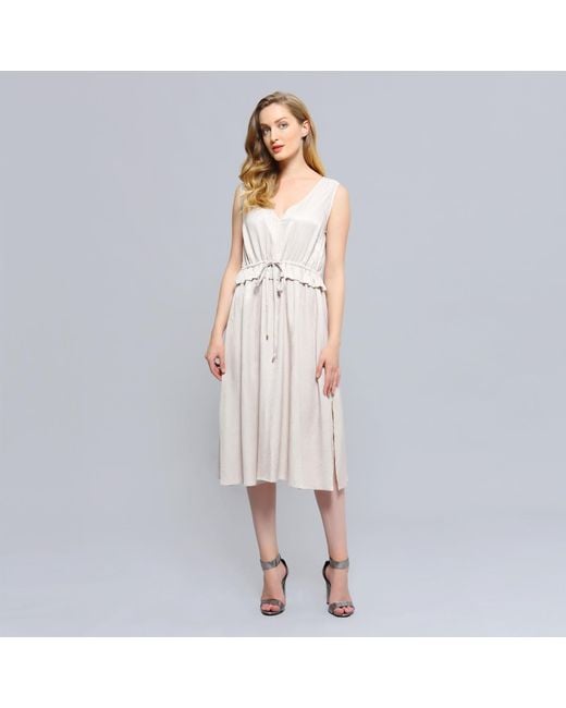 Smart and Joy Natural V-Neckline Adjustable Waist Midi Dress