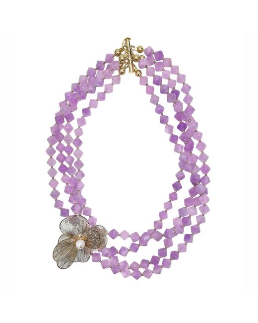 Farra Purple Multi-Layers Jade With Flower Charm Necklace