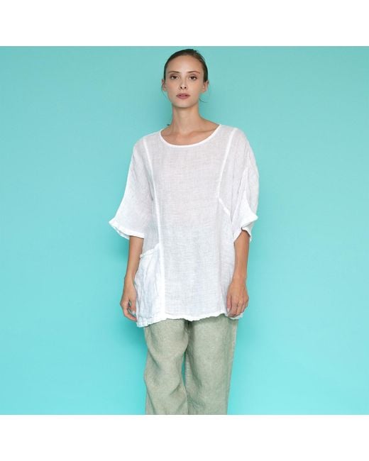 Haris Cotton Gray Front Pocket Curve Linen Gauze Blouse With Batwing Sleeve