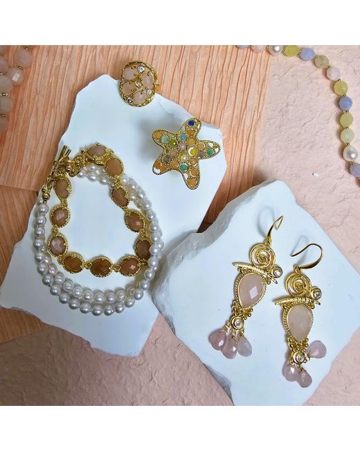 Farra Metallic Bohemian Rose Quartz Chandelier Earrings