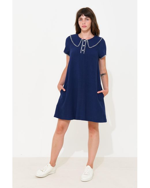 Louche Blue Dot Blanket Stitch A-Line Mini Dress
