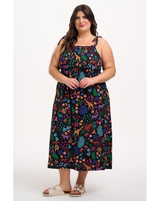 Sugarhill Blue Willa Shirred Jersey Midi Dress, Multi, Jungle Spirit