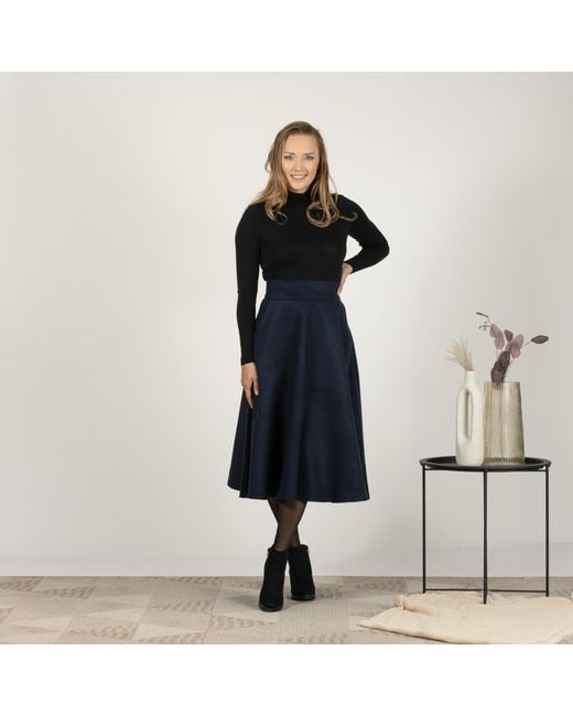Nikka Place Blue Dark Wool Skirt Below The Knee With High Waist & Pockets