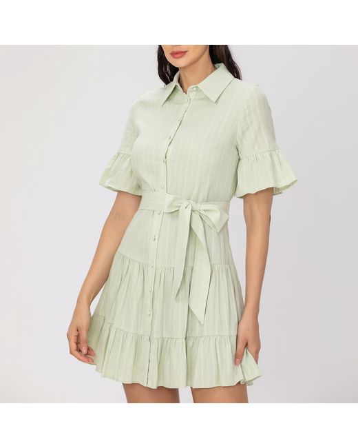 Smart and Joy Green Fit-And-Flare Tiered Ruffles Mini Shirt-Dress