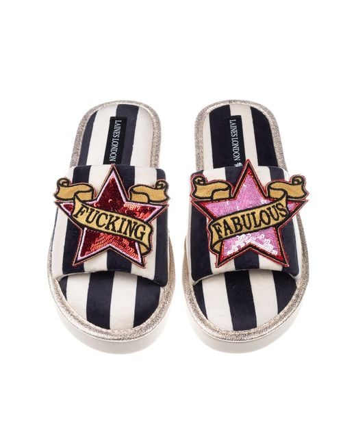 Laines London Multicolor Flatform Stripe Open Toe Slippers With & Fucking Fabulous Brooches