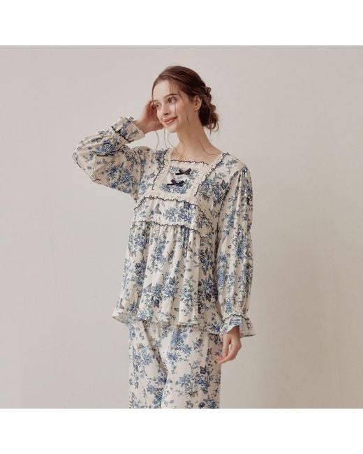 Luna Luz Blue Jardin Modal-Cotton Square-Neck Pajama Set