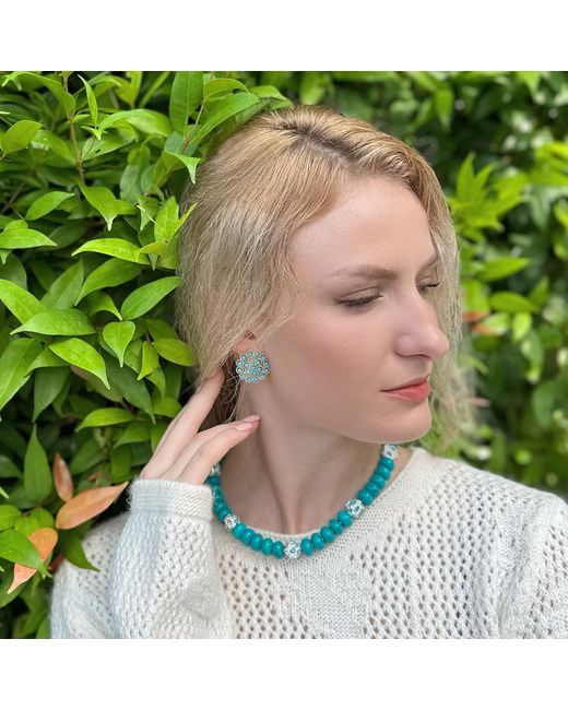 Farra Blue With Rhinestones Bordered Short Necklace
