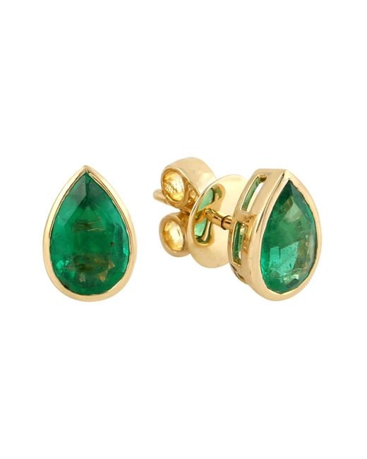 Artisan Green Pear Cut Emerald Gemstone Bezel Set In 18k Yellow Gold Designer Stud Earrings