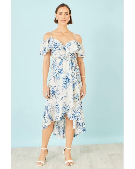 Yumi' Blue Neutrals Ivory Floral Print Bardot Midi Dress With Dip Hem