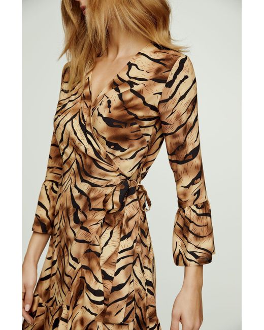 Conquista Brown Tiger Print Viscose Wrap Dress With Bell Sleeves