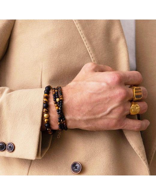 Nialaya Metallic Signet Ring With Tiger Eye for men