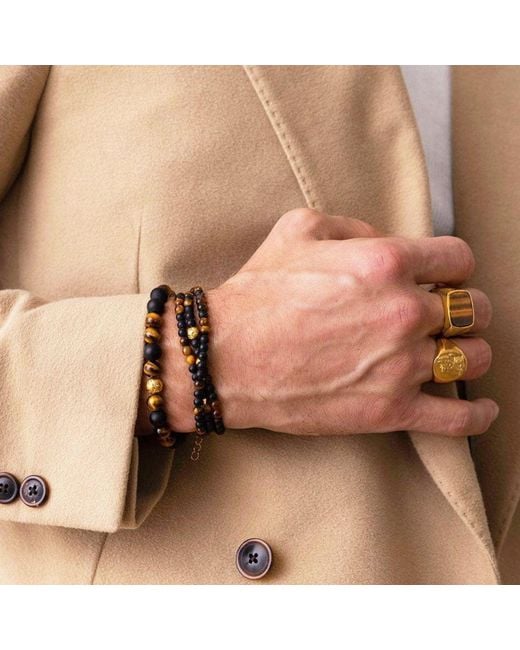 Nialaya Metallic Signet Ring With Tiger Eye for men