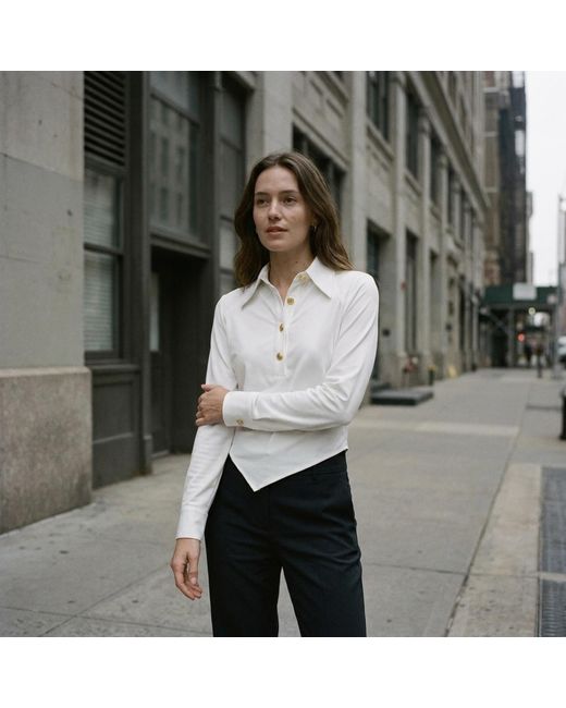 Modenaire White Collared Button Front Blouse With Asymmetrical Hem Detail